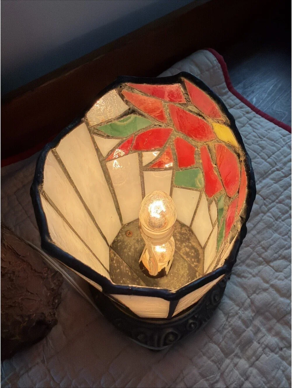 Stained Glass Table Lamp Tiffany Style Floral Cylindrical Desk Night Small VTG